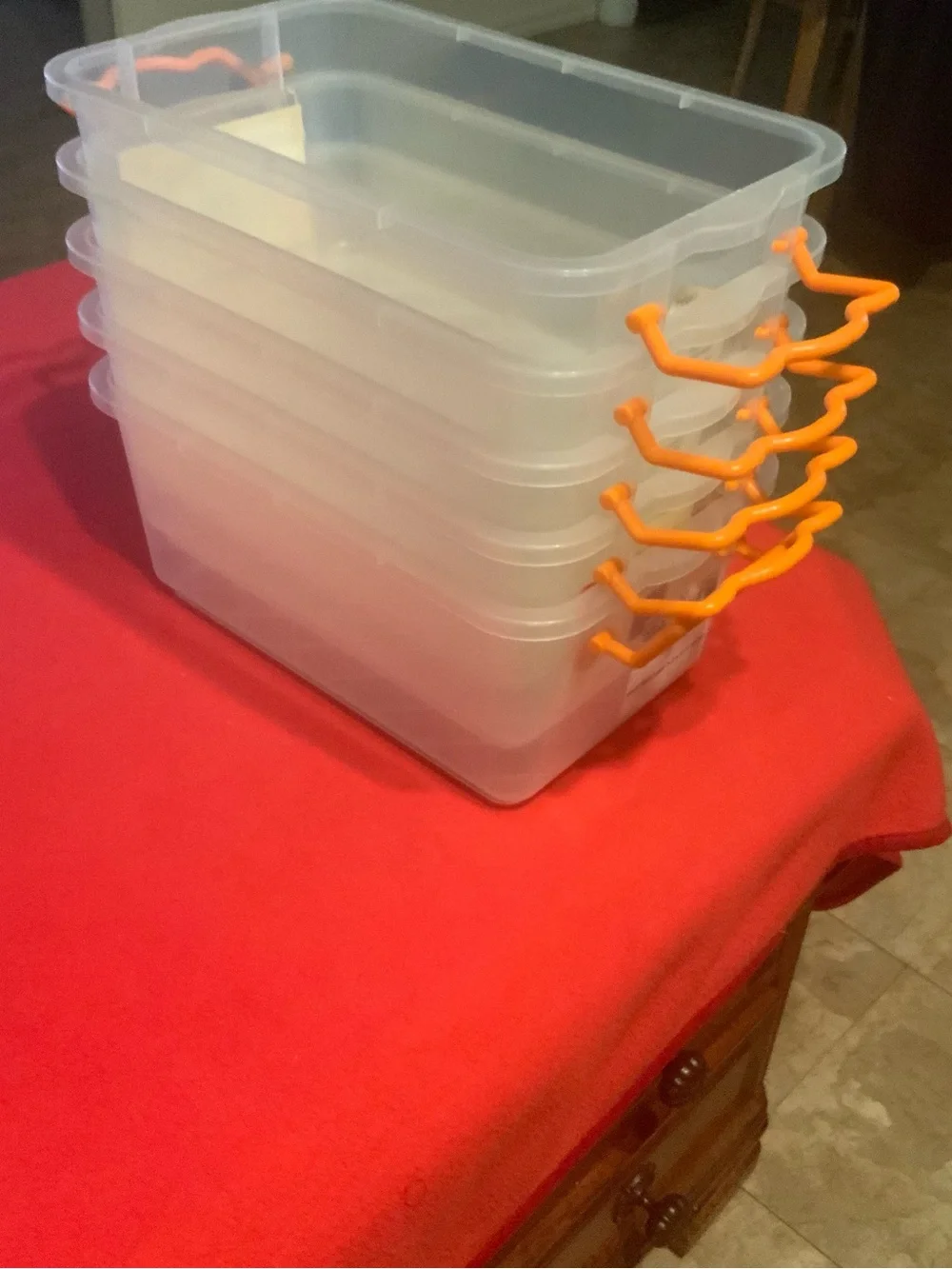 Clear Plastic Stackable Storage Book Bins with Orange Handles